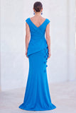 Robe de mère de la mariée en sirène fleurie bleue, col en V et longue, manches courtes