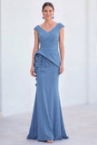 Robe de mère de la mariée en sirène fleurie bleue, col en V et longue, manches courtes