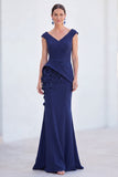 Robe de mère de la mariée en sirène fleurie bleue, col en V et longue, manches courtes