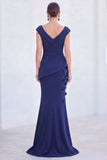 Robe de mère de la mariée en sirène fleurie bleue, col en V et longue, manches courtes