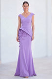 Robe de mère de la mariée en sirène fleurie bleue, col en V et longue, manches courtes
