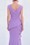 Robe de mère de la mariée en sirène fleurie bleue, col en V et longue, manches courtes
