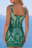 Robe de rentrée à la maison à paillettes bodycon vert foncé à col carré scintillante