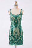 Robe de rentrée à la maison à paillettes bodycon vert foncé à col carré scintillante