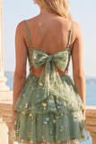 Robe de bal à fleurs en tulle sauge poussiéreuse A-Line avec nœud