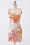 Robe de bal de fin d’année Bodycon Bodycon Sparky Neck, à col carré orange et paillettes