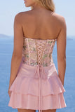 Robe de rentrée à la maison à bretelles fines rose rose A-Line avec volants