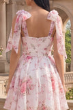Robe de fin d’année en mousse à fleurs blanches roses en ligne A épaisses