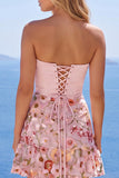 Corset rose sans bretelles A-Line Robe florale de rentrée avec volants