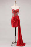 Robe de balaison à la maison Sweetheart Red Bodycon Corset transparent avec sequins froncés et ceinture