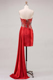 Robe de balaison à la maison Sweetheart Red Bodycon Corset transparent avec sequins froncés et ceinture