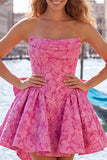 Robe de bal rose vif sans bustelles fleurie Jacquard en nœud de rentrée Jacquard avec lacet dans le dos