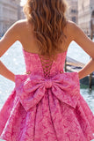 Robe de bal rose vif sans bustelles fleurie Jacquard en nœud de rentrée Jacquard avec lacet dans le dos
