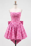 Robe de bal rose vif sans bustelles fleurie Jacquard en nœud de rentrée Jacquard avec lacet dans le dos
