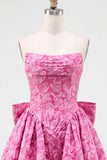 Robe de bal rose vif sans bustelles fleurie Jacquard en nœud de rentrée Jacquard avec lacet dans le dos