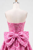 Robe de bal rose vif sans bustelles fleurie Jacquard en nœud de rentrée Jacquard avec lacet dans le dos