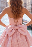 Robe de bal rose vif sans bustelles fleurie Jacquard en nœud de rentrée Jacquard avec lacet dans le dos