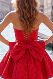 Robe de bal rose vif sans bustelles fleurie Jacquard en nœud de rentrée Jacquard avec lacet dans le dos