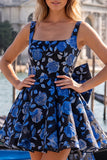 Robe de rentrée Jacquard à col carré bleu clair A-Line avec dentelle dans le dos