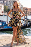 Robe de rentrée Jacquard à col carré bleu clair A-Line avec dentelle dans le dos