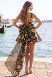Robe de rentrée Jacquard à col carré bleu clair A-Line avec dentelle dans le dos