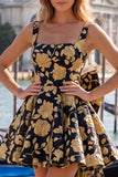 Robe de rentrée Jacquard à col carré bleu clair A-Line avec dentelle dans le dos
