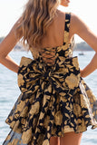 Robe de rentrée Jacquard à col carré bleu clair A-Line avec dentelle dans le dos