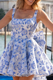 Robe de rentrée Jacquard à col carré bleu clair A-Line avec dentelle dans le dos
