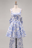 Robe de rentrée Jacquard à col carré bleu clair A-Line avec dentelle dans le dos