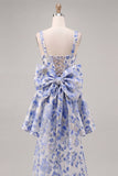 Robe de rentrée Jacquard à col carré bleu clair A-Line avec dentelle dans le dos
