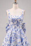 Robe de rentrée Jacquard à col carré bleu clair A-Line avec dentelle dans le dos