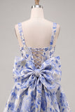 Robe de rentrée Jacquard à col carré bleu clair A-Line avec dentelle dans le dos