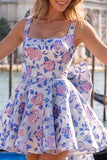 Robe de rentrée Jacquard à col carré bleu clair A-Line avec dentelle dans le dos