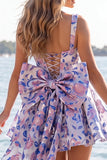 Robe de rentrée Jacquard à col carré bleu clair A-Line avec dentelle dans le dos