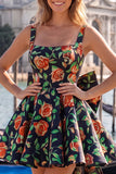 Robe de rentrée Jacquard à col carré bleu clair A-Line avec dentelle dans le dos
