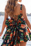 Robe de rentrée Jacquard à col carré bleu clair A-Line avec dentelle dans le dos
