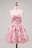 Robe de fin d’année rose rose en chiffon floral en mousseline A-Line avec dentelle dans le dos
