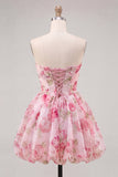 Robe de fin d’année rose rose en chiffon floral en mousseline A-Line avec dentelle dans le dos