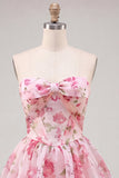 Robe de fin d’année rose rose en chiffon floral en mousseline A-Line avec dentelle dans le dos
