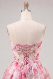 Robe de fin d’année rose rose en chiffon floral en mousseline A-Line avec dentelle dans le dos