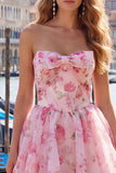 Robe de fin d’année rose rose en chiffon floral en mousseline A-Line avec dentelle dans le dos
