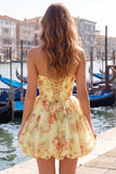 Robe de fin d’année rose rose en chiffon floral en mousseline A-Line avec dentelle dans le dos