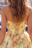 Robe de fin d’année rose rose en chiffon floral en mousseline A-Line avec dentelle dans le dos