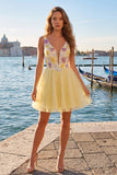 Robe de fin d’année à la maison jaune à paillettes fleuries à col en V en ligne A
