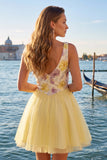 Robe de fin d’année à la maison jaune à paillettes fleuries à col en V en ligne A