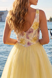 Robe de fin d’année à la maison jaune à paillettes fleuries à col en V en ligne A