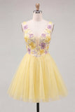 Robe de fin d’année à la maison jaune à paillettes fleuries à col en V en ligne A