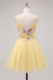 Robe de fin d’année à la maison jaune à paillettes fleuries à col en V en ligne A