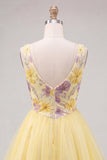Robe de fin d’année à la maison jaune à paillettes fleuries à col en V en ligne A
