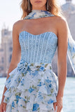 Robe de rentrée à la maison à la maison en perles florales à étages A-Line avec écharpe de col